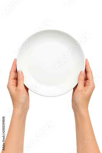 Hands holding empty white plate front view isolated on transparent background