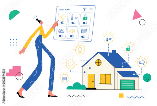 Woman controls smart home technology via tablet interface.