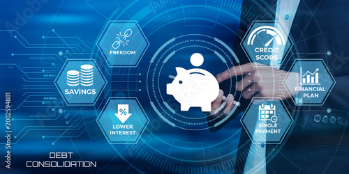 Tableau sur toile Person managing debt consolidation with savings financial plan and credit score