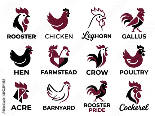 Εκτύπωση καμβά Set of 12 Modern Rooster and Chicken Logo Designs for Poultry Farm and Organic F