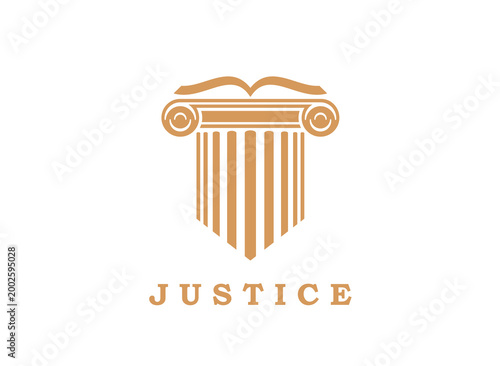 Attorney office and justice law firm icon. Attorney firm icon, lawyer juridical company emblem. Legal office isolated sign or law service symbol with open book on roman or ancient greek column,