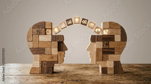 Two wooden head sculptures share glowing blocks on a table indoors