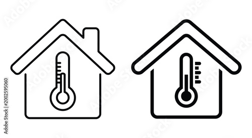 Simple line icons of a house with a thermometer representing indoor temperature