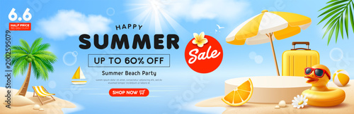 Summer sale podium display, Duck yellow shaped inflatable ring, coconut trees, beach umbrella on island beach banner design, cloud and sky on sea blue background