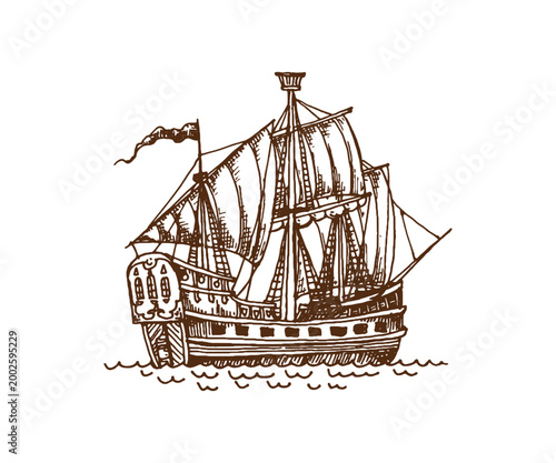 Vintage pirate sail ships and sailboat, European wooden galleon and warship sketch. Classic vector nautical ship for vintage maps pirate parties, or maritime branding