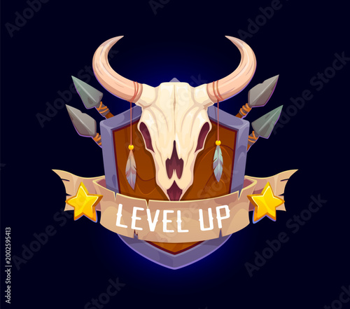Wild West cowboy level up rank for Western game badge or interface, cartoon vector. Level Up shield with longhorn bull skull and Western Indian spear weapon with stars on ribbon for Wild West game GUI