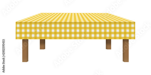 Empty cafe or kitchen table with yellow and white gingham tablecloth in perspective. Element of furniture for Italian restaurant. Picnic, street breakfast or dinner concept. Vector illustration.