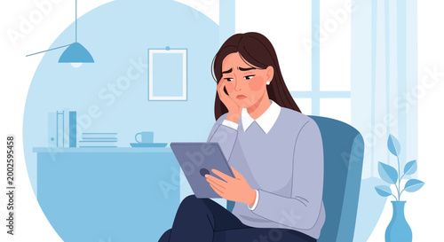 Stressed woman using tablet at home, digital overload and mental fatigue concept illustration