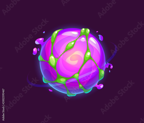 Cartoon purple alien space planet with magma and green net on surface. Funny extraterrestrial world with glowing magma flows, and an intricate green net pattern. Vibrant vector design for education