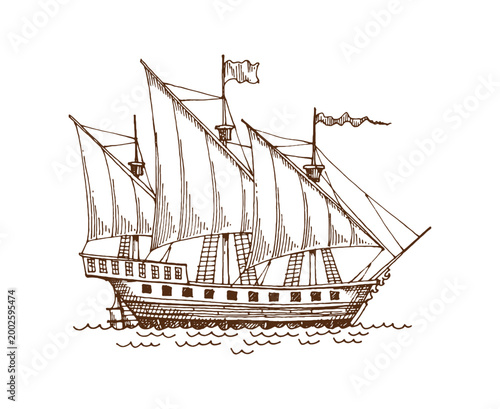 Vintage European pirate wooden sail ship and sailboat, galleon or warship. Sketch illustration featuring detailed rigging, multiple masts, cannons, and flags. Vector vintage sail ship for posters