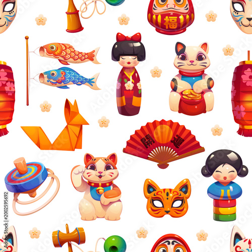 Japanese toys and dolls seamless pattern. Cartoon vector pattern featuring daruma dolls, maneki neko, wooden kokeshi dolls, temari thread balls, and paper fish kites for textile prints, or stationery