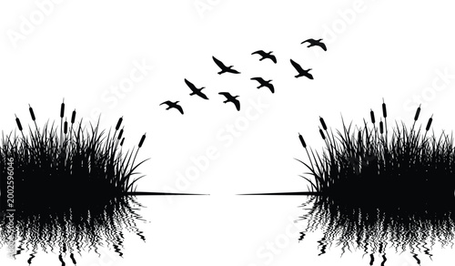 Tableau sur toile silhouette of flying birds over reeds and water with reflection black and white