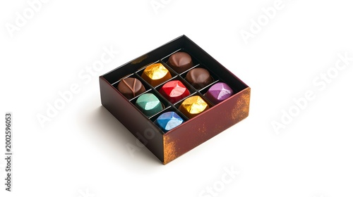 A box of assorted artisan chocolates with colorful foil wrapping