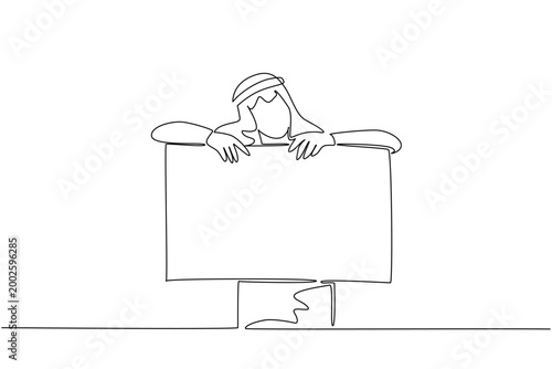 One line drawing presents a young handsome Arabian business man comfortably leaning on a blank sign board display. This awesome image represents a technology concept for a business exhibition.