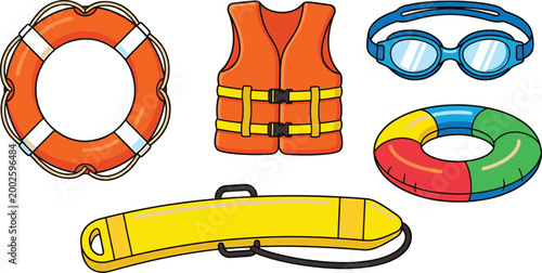 Swim accessories like goggles, life preserver, rings, and buoys float on water.