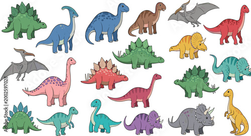 Cute Cartoon Dinosaur Characters Collection with Colorful Prehistoric Animals Including T-Rex, Triceratops, Stegosaurus and Flying Dinosaurs Vector Set