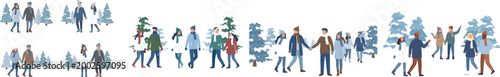 Couples walking together and enjoying a beautiful snowy winter landscape with pine trees and soft falling snow, vector set isolated on white
