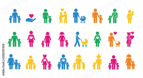 Diverse collection of colorful vector family icons representing different family structures and relationships