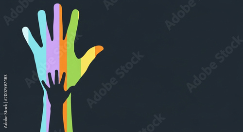 Vibrantly colored hands, one adult and one child's, reaching towards the sky, representing diverse unity, community support, and inclusive belonging