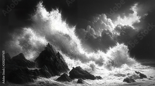 Powerful monstrous wave crashes against sharp jagged rocks under dramatic cloudy sky, creating misty and intense seascape full of energy and motion