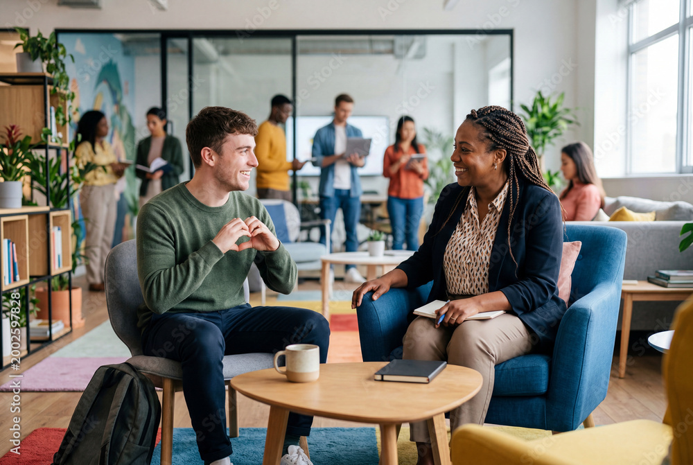 Obraz premium Diverse HR manager having a supportive mental health check-in with a young male employee in a modern office.