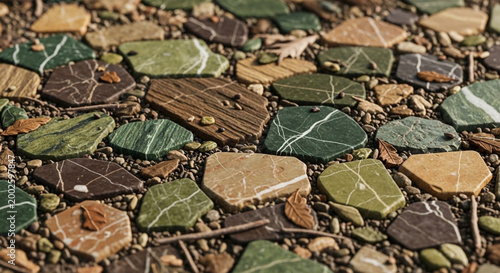 Natural stone mosaic pattern with earthy tones and green accents textured background for interior design and landscaping projects