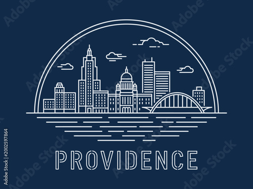 Fotografie Providence Rhode Island City Skyline Line Art Illustration, Minimalist Urban Lan