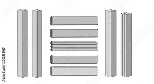 Metallic silver bars, 3D rectangular prisms, gray metallic shapes, industrial design elements