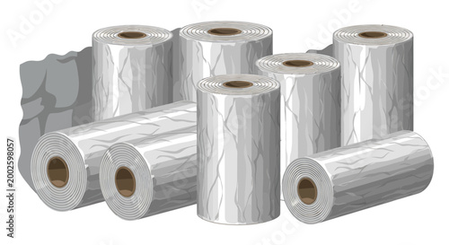 Silver foil rolls, metallic cylindrical tubes, shiny aluminum packaging materials, set of 7