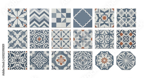 Blue and white tile patterns, ceramic design elements, geometric shapes, decorative motifs, 20 pieces