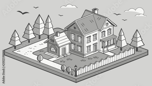 Serene rural village in forested mountains with a prominent sun or moon lighting the sky.