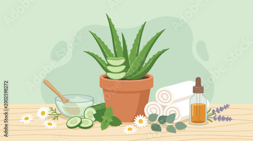 Soothing natural skincare and wellness elements with fresh aloe vera, invigorating cucumber, and calming botanical extracts for healthy, radiant skin