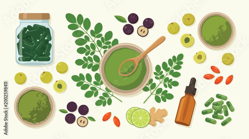 Flat lay of various natural superfoods and health supplements for a balanced lifestyle