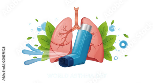 Human Lungs and Medical Inhaler Illustration for Asthma Awareness and Respiratory Health Care Treatment Education and Prevention