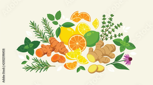 A vibrant collection of fresh citrus fruits, herbs, and medicinal roots like turmeric and ginger, symbolizing natural wellness and healthy living