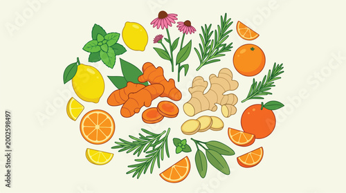 Vibrant assortment of natural ingredients for health and wellness, featuring immune-boosting herbs, citrus fruits, and anti-inflammatory roots arranged in a circular design