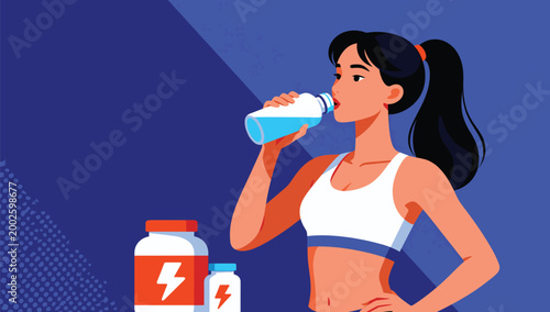 Hydration and Fitness: A woman quenches her thirst with a refreshing drink from a water bottle. In the foreground, supplements promise a boost of energy.
