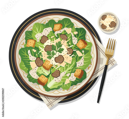 Gourmet Caesar Salad: A top-down view showcases an artfully arranged Caesar salad, complete with crisp romaine lettuce, crunchy croutons, creamy dressing, and shaved cheese.