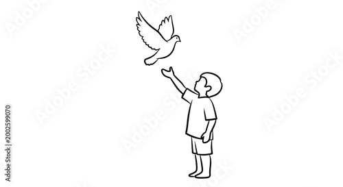 A line art drawing of a young boy releasing a white dove into the air.