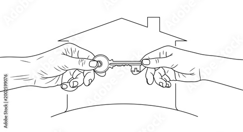 Two hands passing a house key in a line art style.