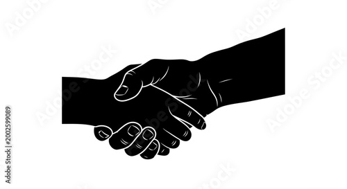 Black and white illustration of a firm handshake symbol.