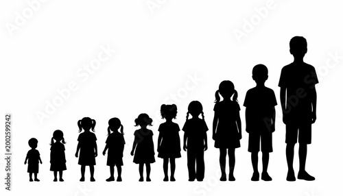 Black silhouettes of children of different ages standing in a row.
