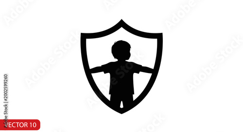 Child safety concept icon with a silhouette of a boy inside a protective shield.