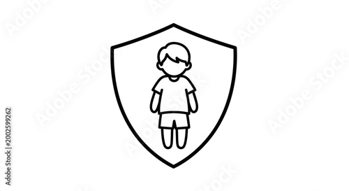 Minimalist outline icon of a young boy inside a protective shield shape.