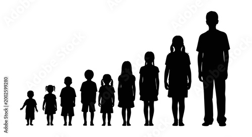 Black silhouettes of children of various ages standing in a row by height.