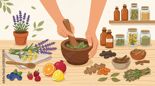 Hand grinding herbs and spices in a mortar and pestle for natural remedies and aromatherapy