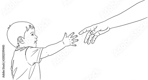 A line drawing illustration of a toddler reaching out to touch a parent hand.