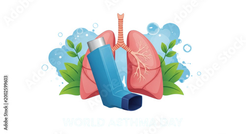 Asthma Inhaler and Human Lungs Illustration for Respiratory Health Awareness and Medical Treatment Education on World Asthma Day