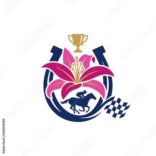 Horse Racing Logo Design Featuring Horseshoe, Pink Lily, Jockey Silhouette, Trophy, and Checkered Flag for Equestrian Sports Competition