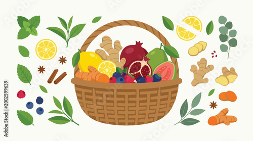 A bountiful harvest of vibrant fruits, vegetables, and herbs artfully arranged in a woven basket, symbolizing health and natural goodness